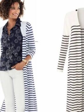 CAbi Longline Striped Cardigan - White & Navy